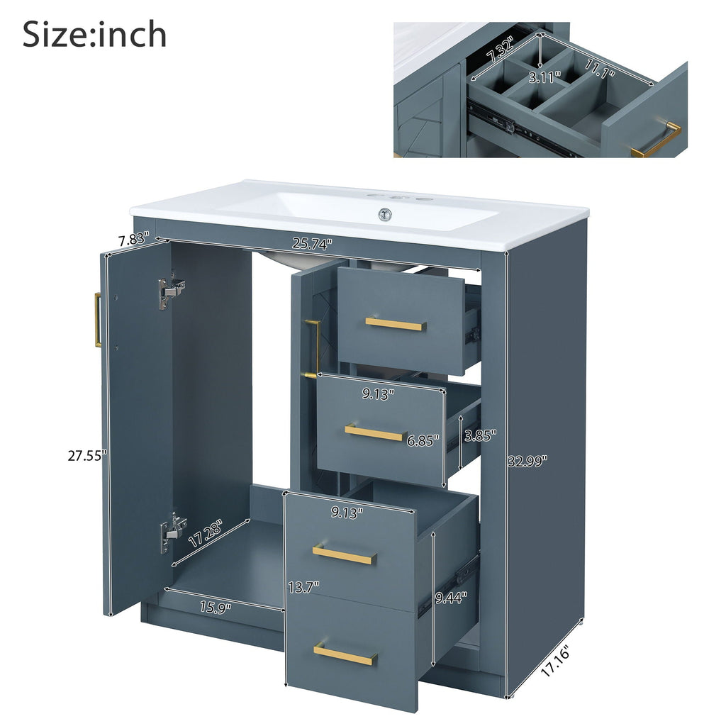 Bathroom Vanity with Ceramic Sink and Storage Cabinet - Dark Green, White, Black, or Blue