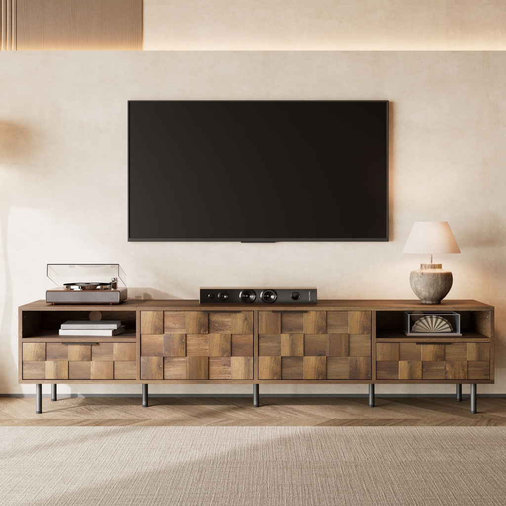 Natural Finish TV Stand with 2 Drawers for TVs Up to 85"