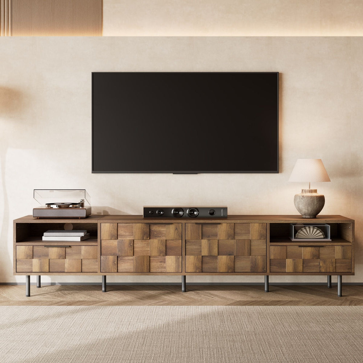 Natural Finish TV Stand with 2 Drawers for TVs Up to 85"