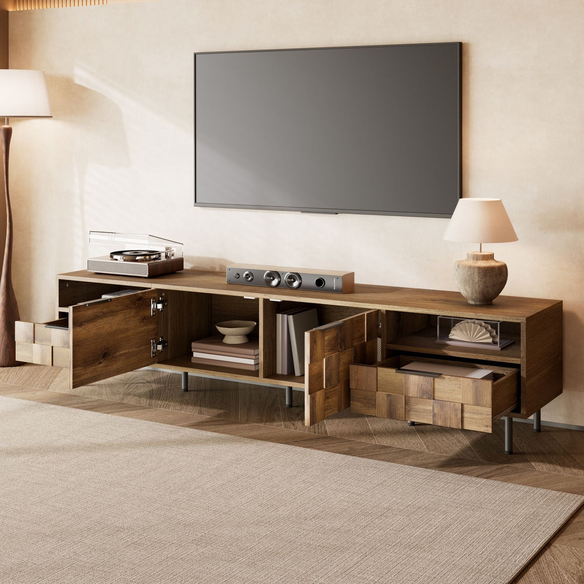 Natural Finish TV Stand with 2 Drawers for TVs Up to 85"