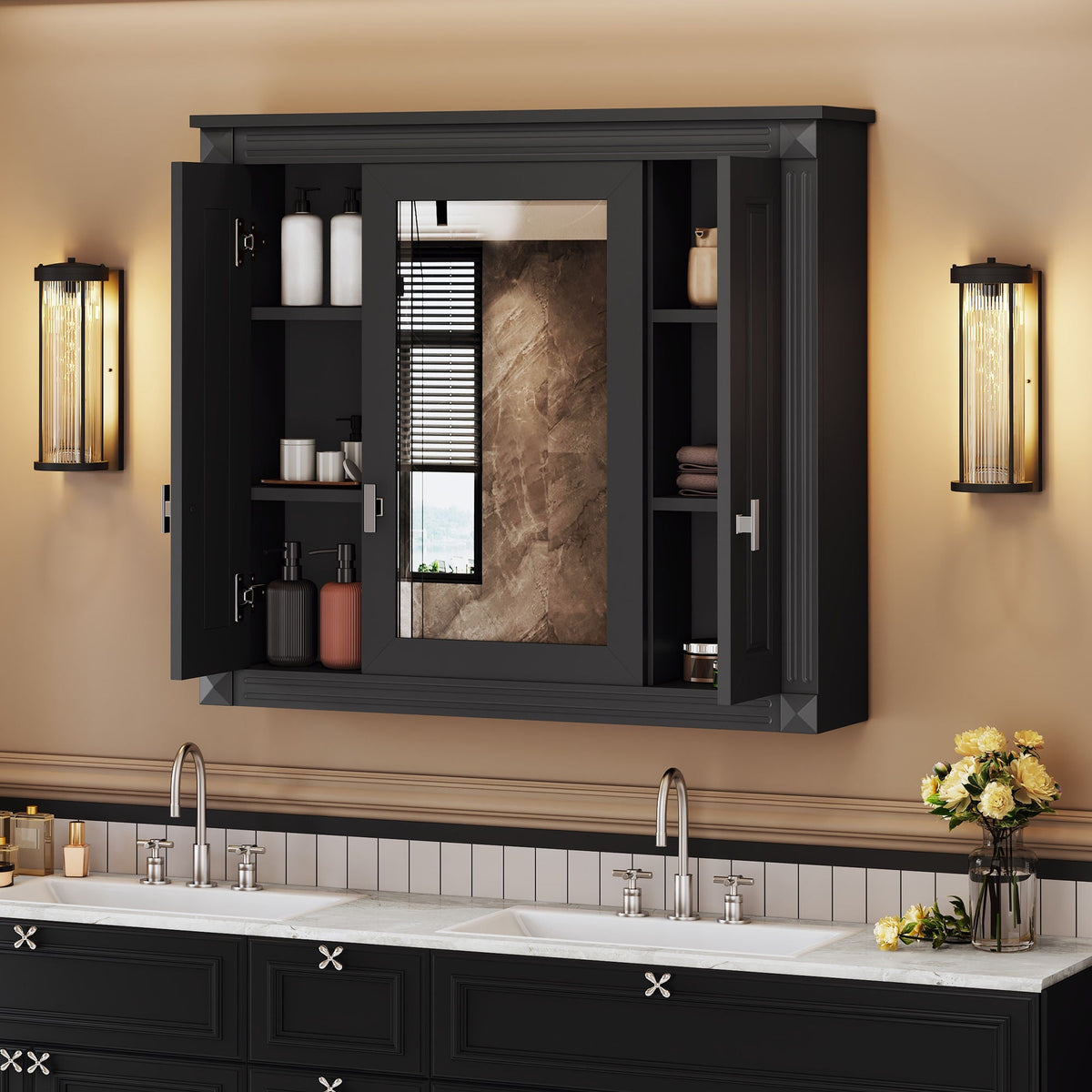 Wall Mounted Bathroom Cabinet with 5 Adjustable Shelves and Mirror - Black or White