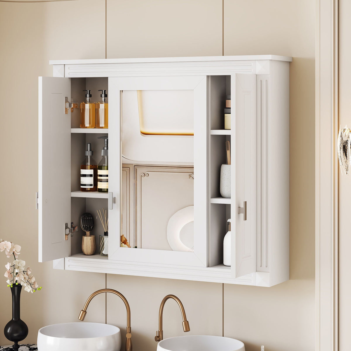 Wall Mounted Bathroom Cabinet with 5 Adjustable Shelves and Mirror - Black or White