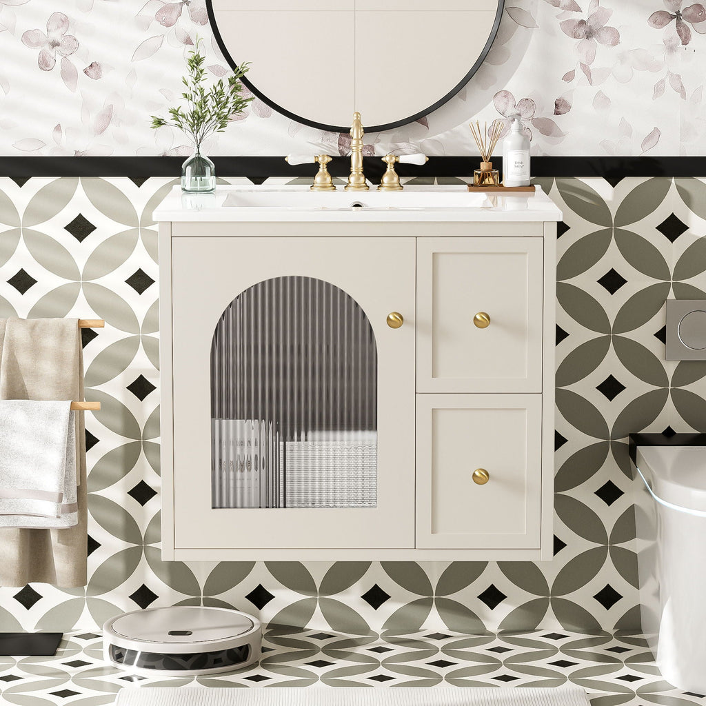 Wall-Mounted Bathroom Vanity Set with Ceramic Sink and Soft-Close Drawers - Black, Beige, or White