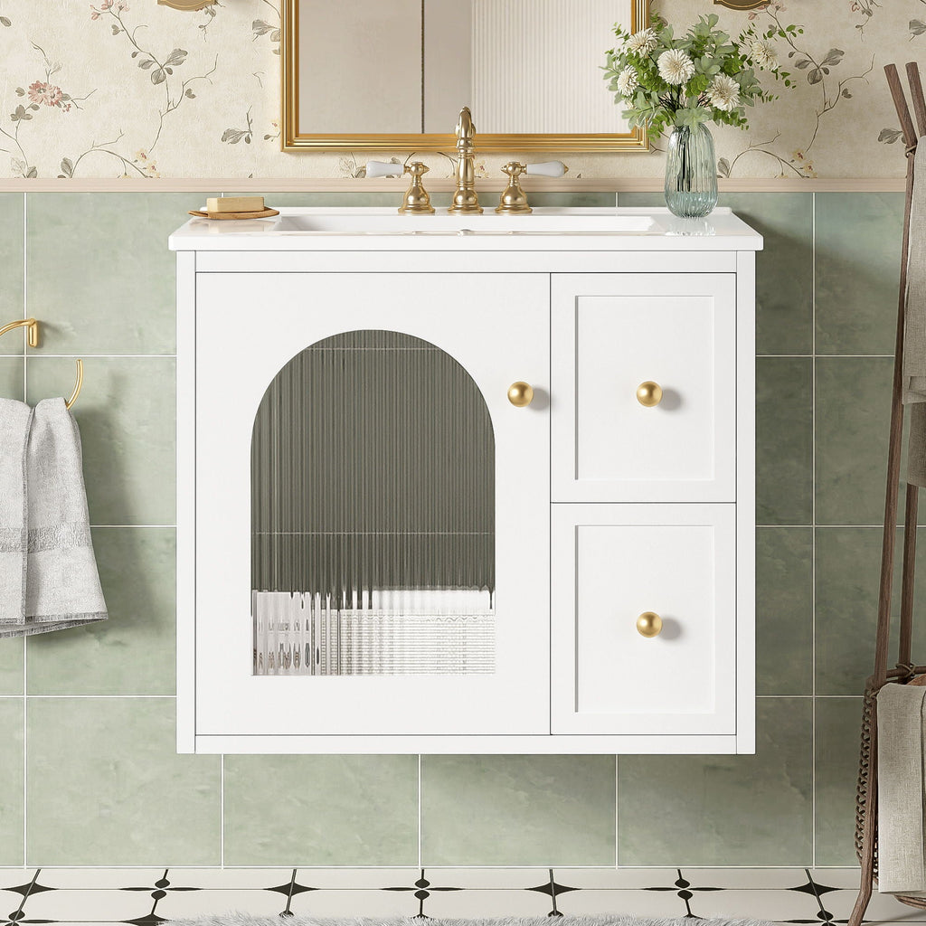 Wall-Mounted Bathroom Vanity Set with Ceramic Sink and Soft-Close Drawers - Black, Beige, or White