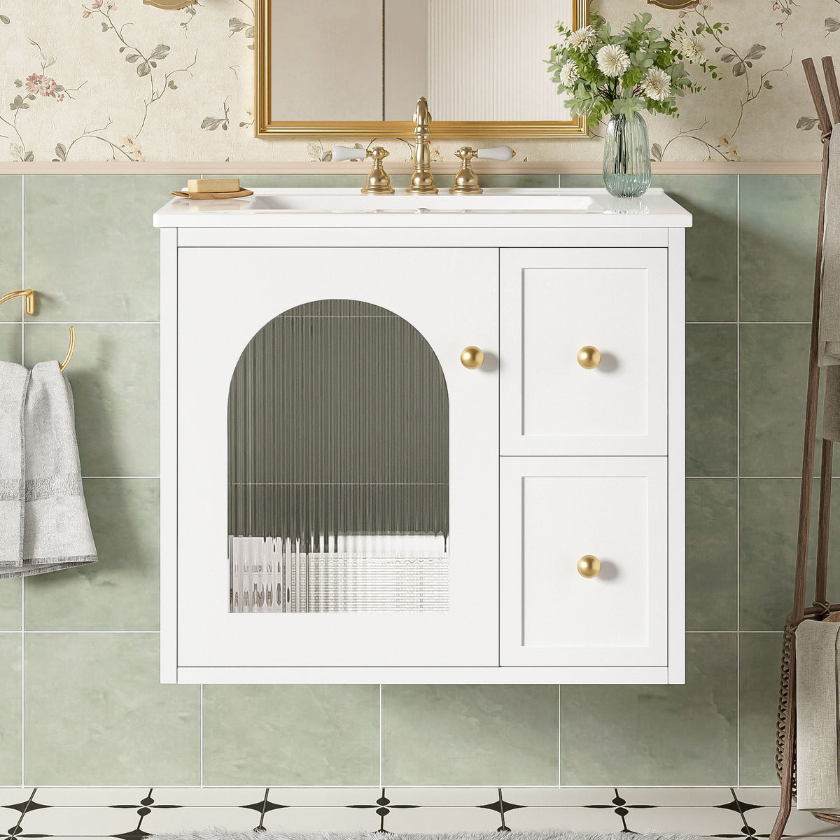 Wall-Mounted Bathroom Vanity Set with Ceramic Sink and Soft-Close Drawers - Black, Beige, or White