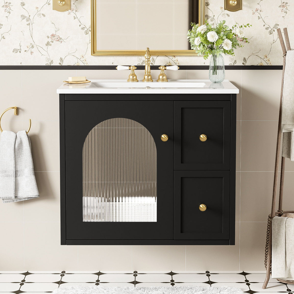 Wall-Mounted Bathroom Vanity Set with Ceramic Sink and Soft-Close Drawers - Black, Beige, or White