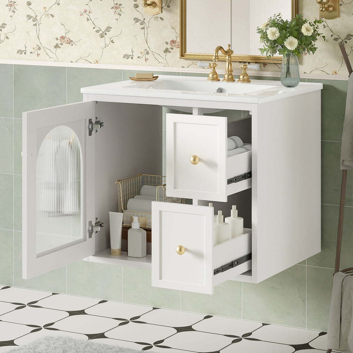 Wall-Mounted Bathroom Vanity Set with Ceramic Sink and Soft-Close Drawers - Black, Beige, or White