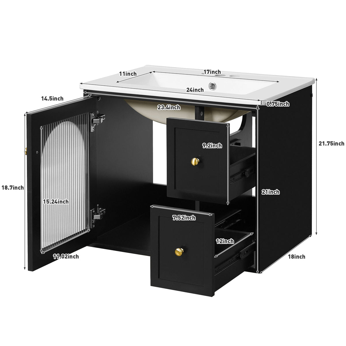 Wall-Mounted Bathroom Vanity Set with Ceramic Sink and Soft-Close Drawers - Black, Beige, or White