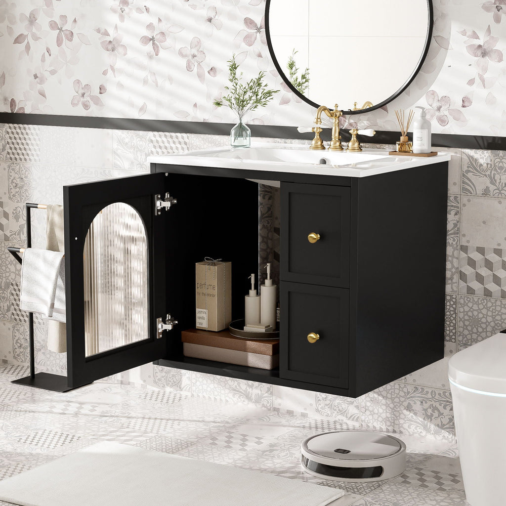 Wall-Mounted Bathroom Vanity Set with Ceramic Sink and Soft-Close Drawers - Black, Beige, or White