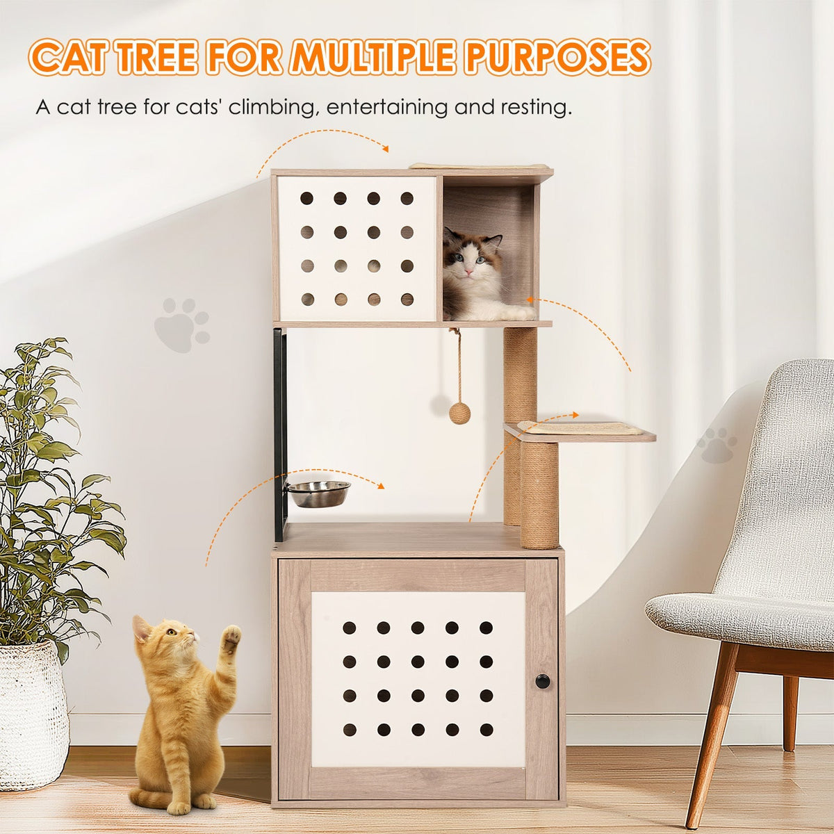 Cat Tree with Litter Box Enclosure and Large Hammock - Gray & White