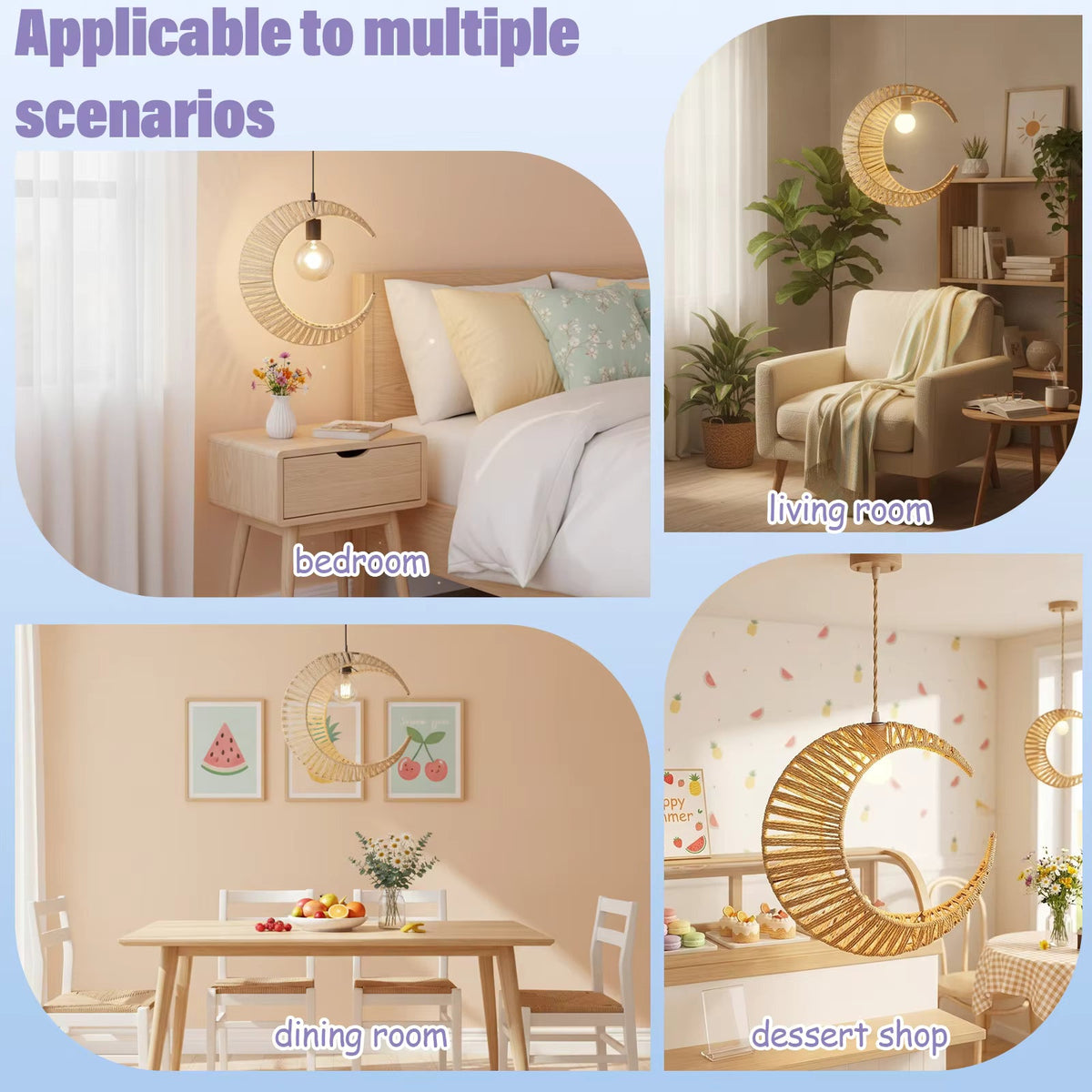Handcrafted Crescent Moon Natural Hemp Pendant Light | Woven Hanging Lamp