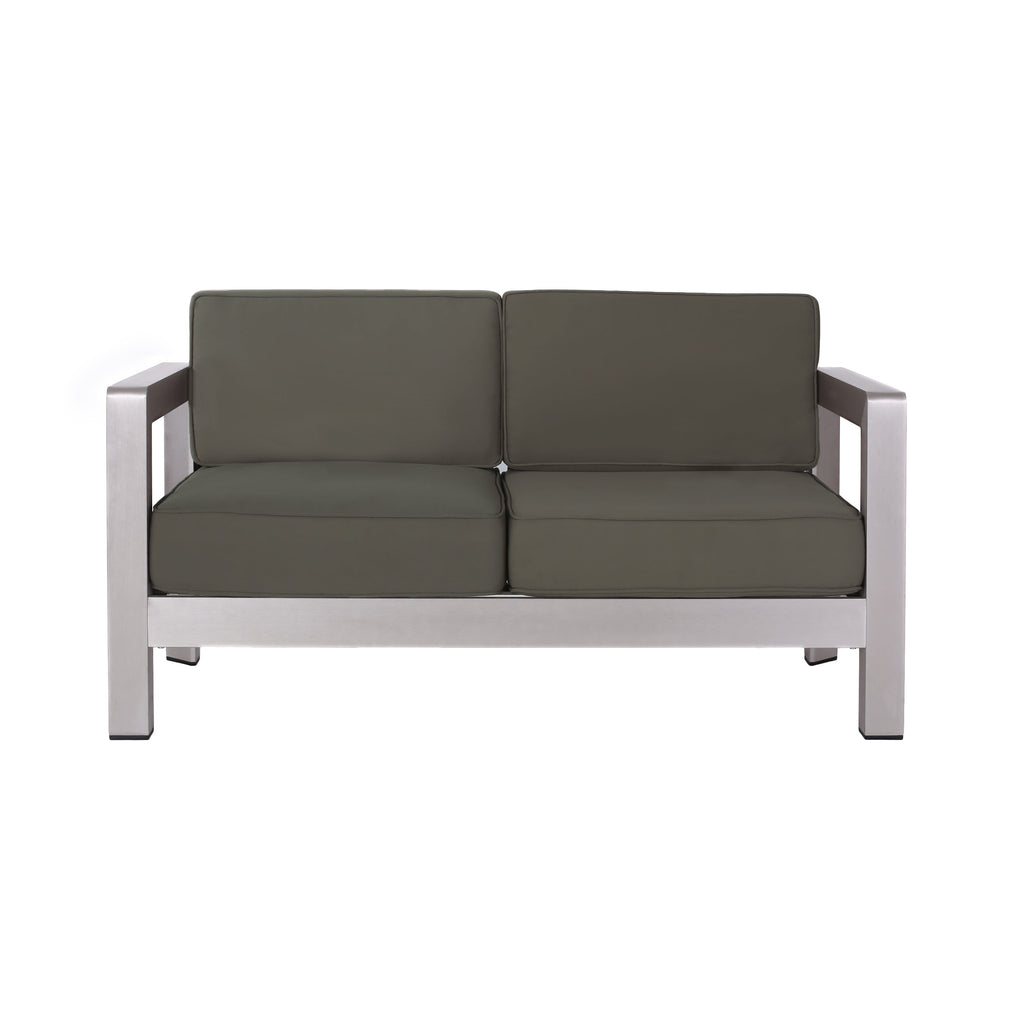 Outdoor Aluminum Loveseat with Deep Cushions - Silver