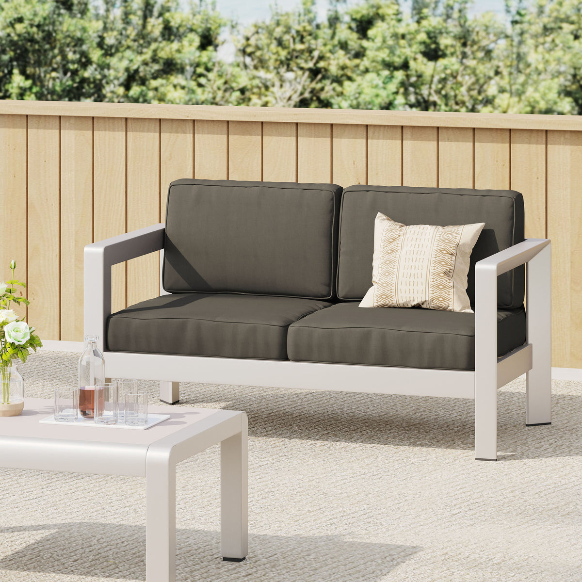 Outdoor Aluminum Loveseat with Deep Cushions - Silver