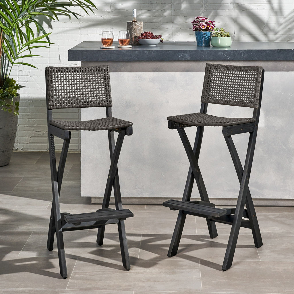 Outdoor Folding Acacia Wood Barstools with Rattan Seat – Dark Gray