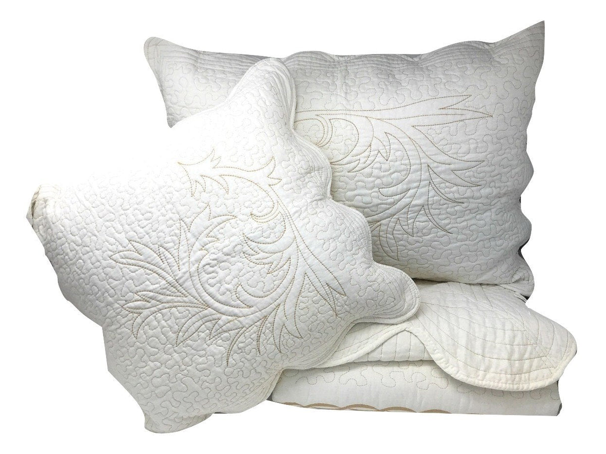 DaDa Bedding Elegant White Floral Beige Matelassé 100% Cotton Coverlet 5Pcs Bedspread Set - King Size (DXJ101796)