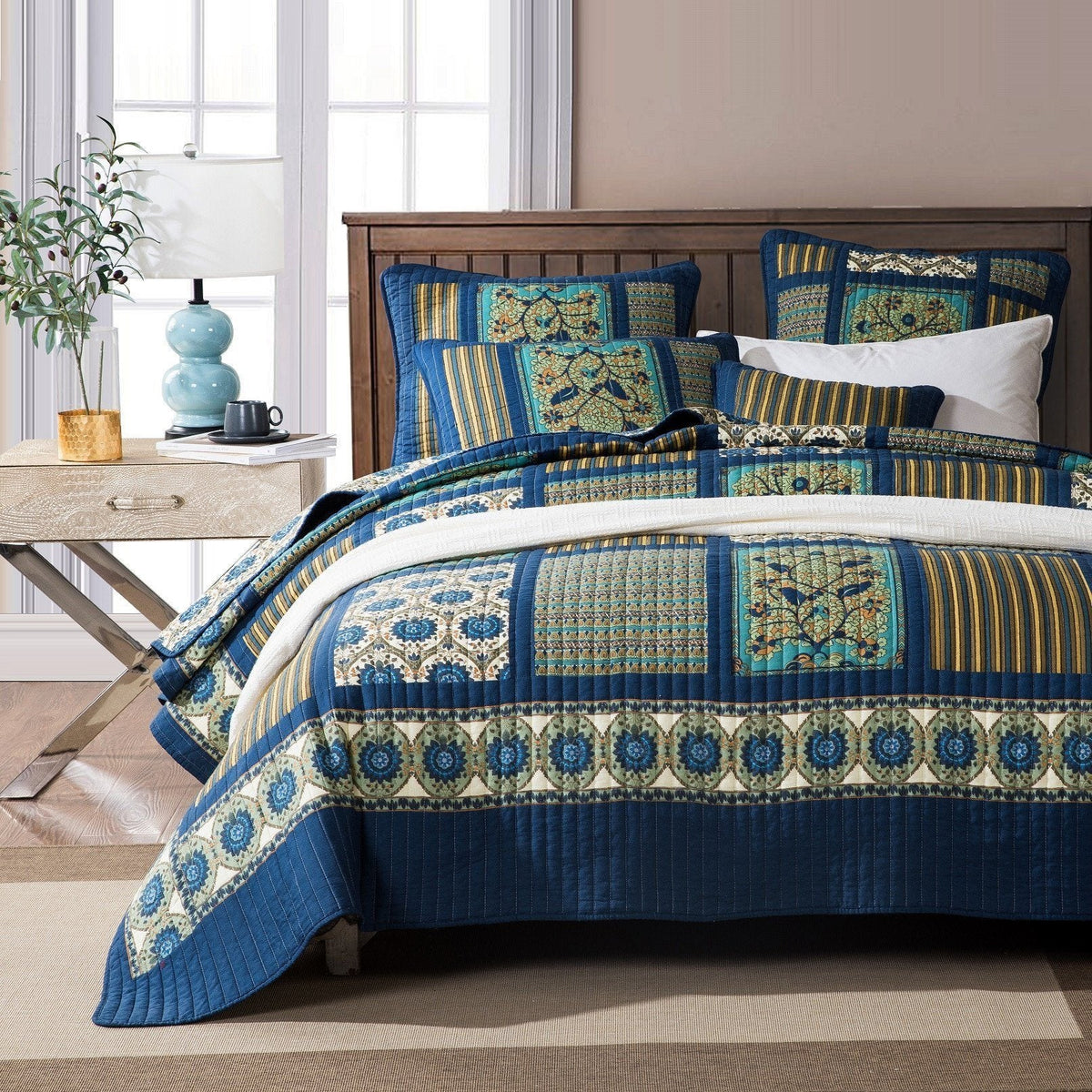 Tache 2-3 Piece Elegant Striped Forest Patchwork Quilt Vibrant Multi Color (JHW-679)