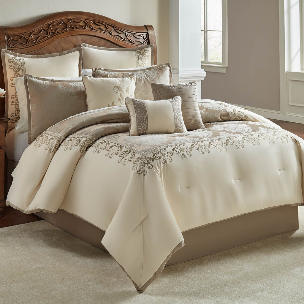Ivory Damask Jacquard Comforter Ensemble with Embroidered Border - 9-Piece Set