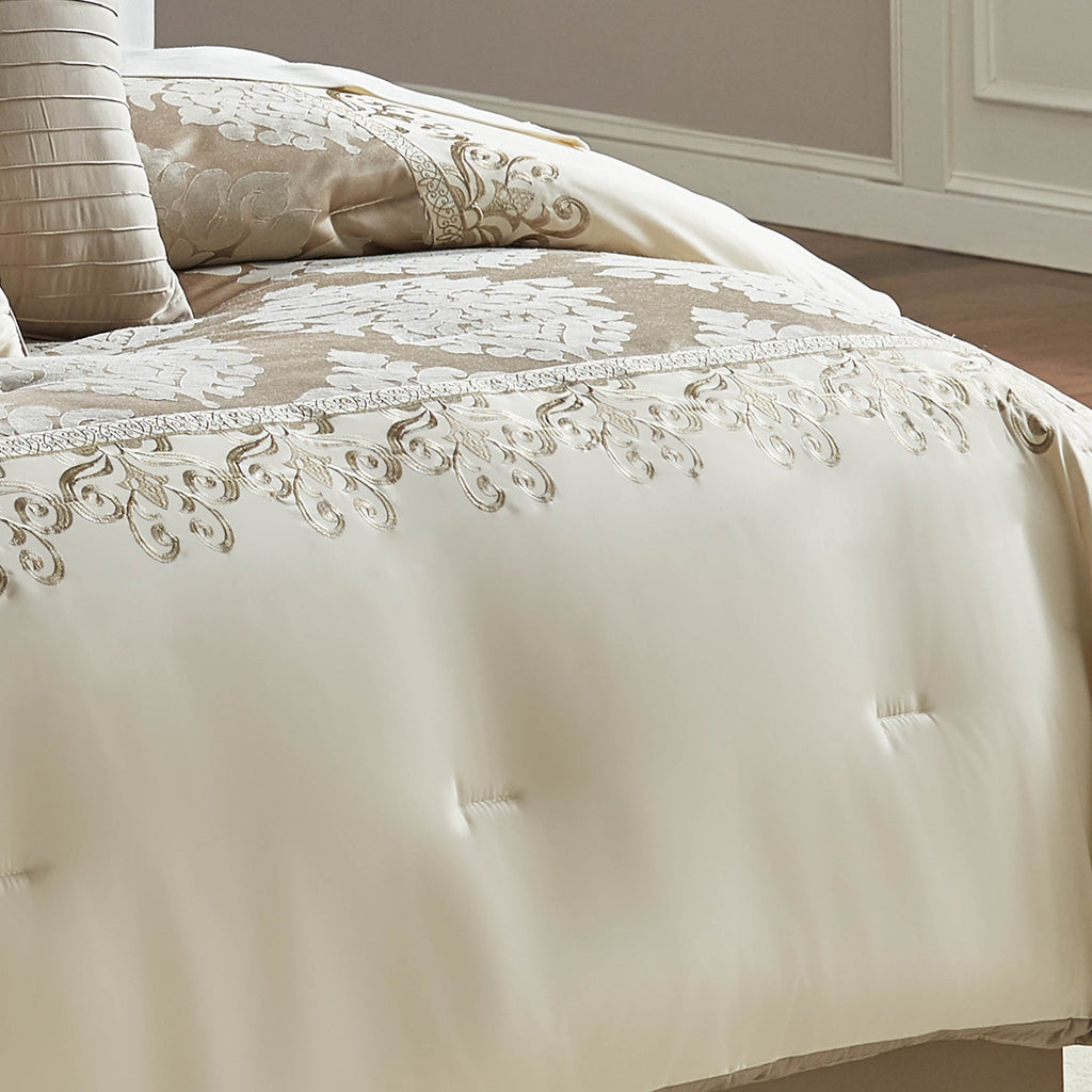 Ivory Damask Jacquard Comforter Ensemble with Embroidered Border - 9-Piece Set
