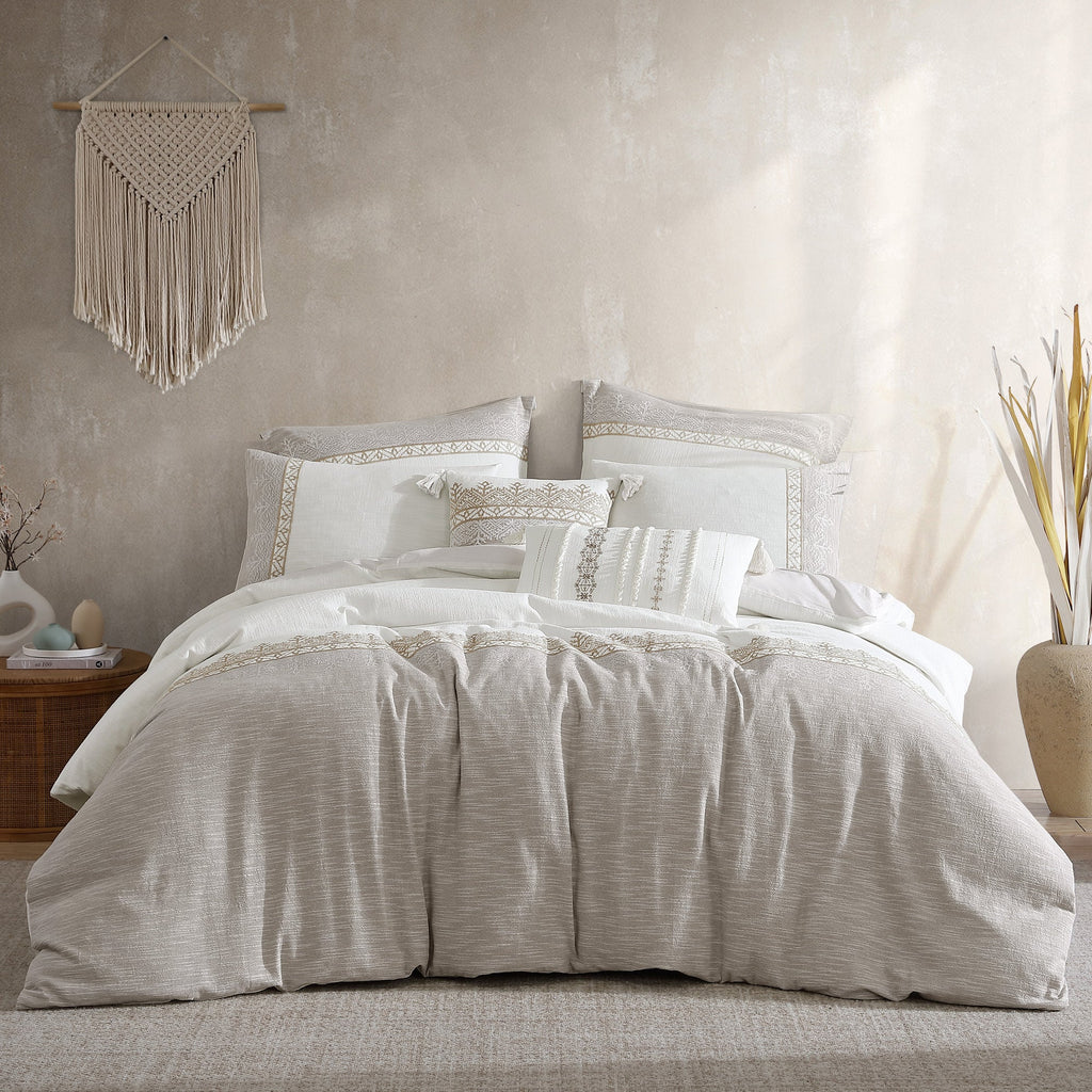 Preston 5-Piece Textured Jacquard Comforter Set with Decorative Pillows - Tan & White