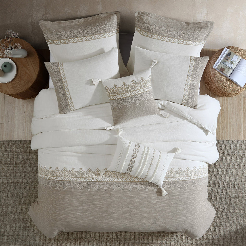 Preston 5-Piece Textured Jacquard Comforter Set with Decorative Pillows - Tan & White