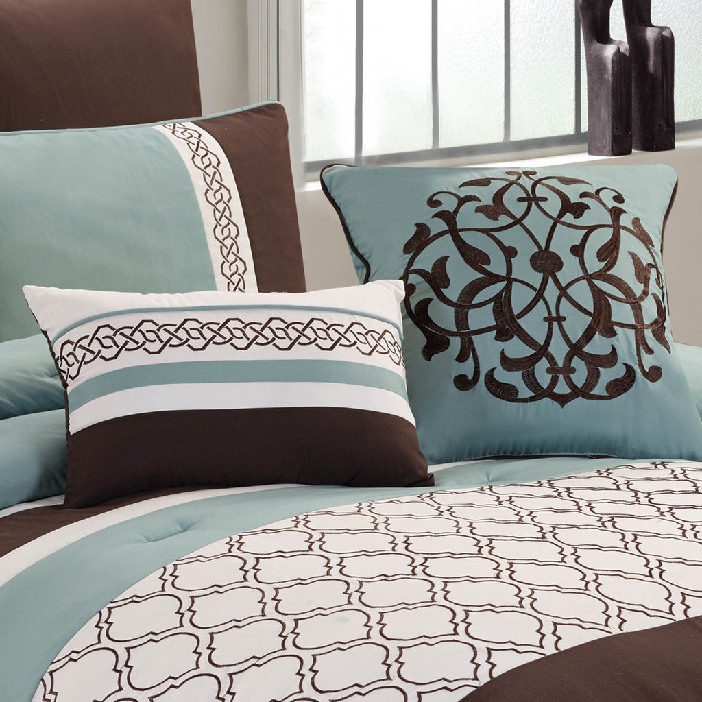 Teal & Brown Geometric Embroidered Comforter Set with 8 Pieces
