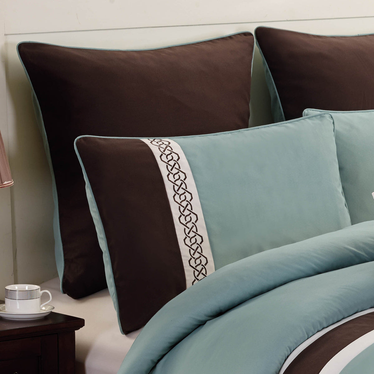Teal & Brown Geometric Embroidered Comforter Set with 8 Pieces