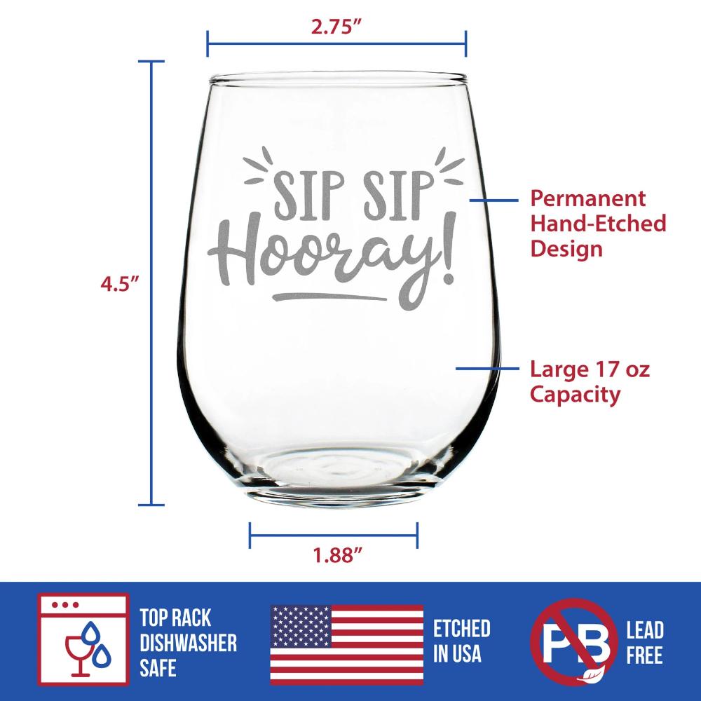 Sip Sip Hooray – Cute Funny Wine Stemless Glass, Large 17 Ounces, Etched Sayings, Gift Box