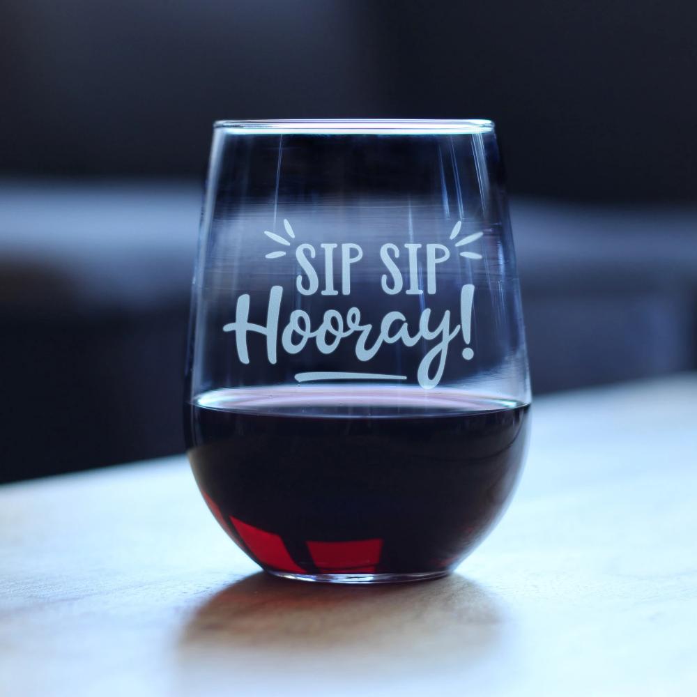 Sip Sip Hooray – Cute Funny Wine Stemless Glass, Large 17 Ounces, Etched Sayings, Gift Box