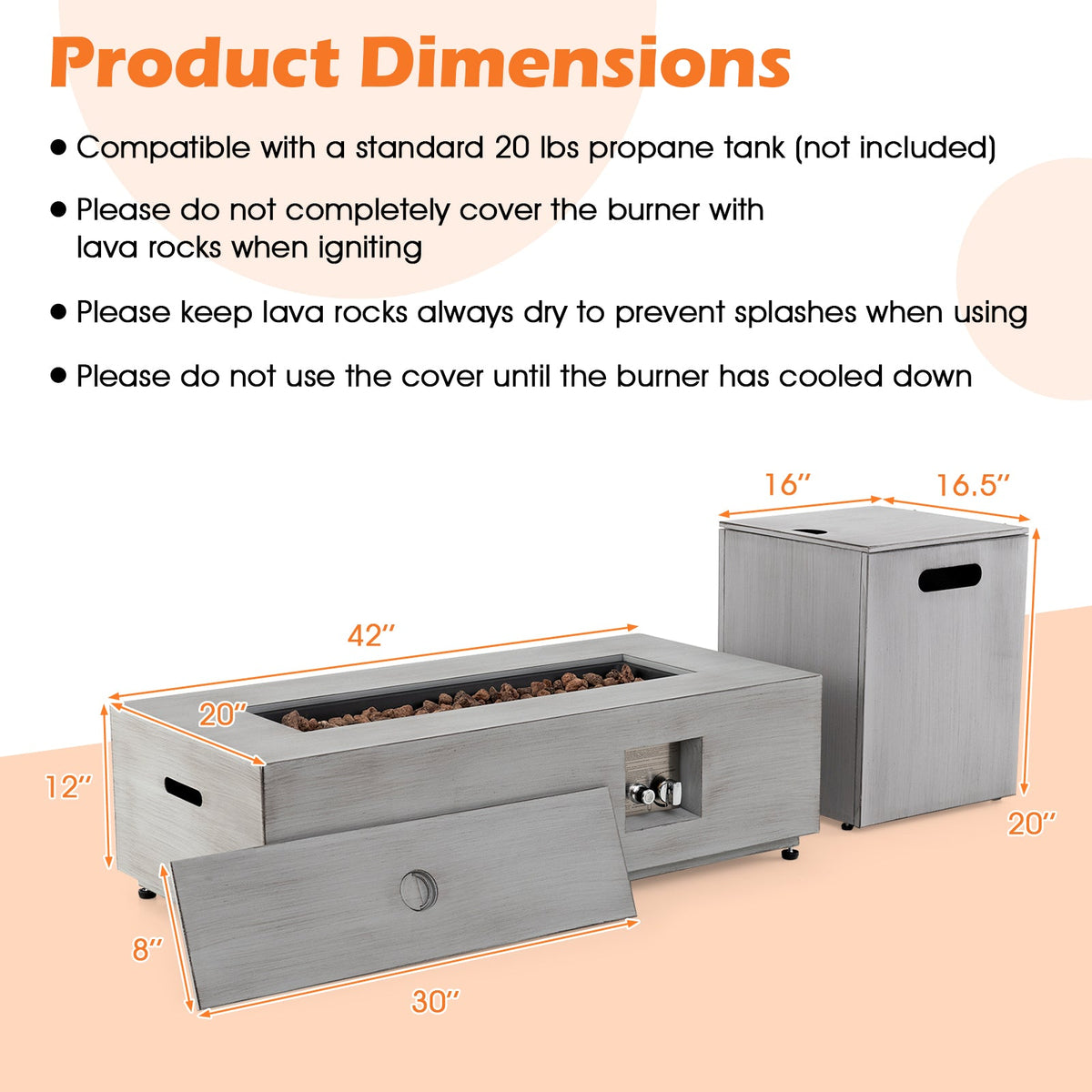 42 Inch 50 000 BTU Outdoor Rectangular Fire Table with Tank Holder