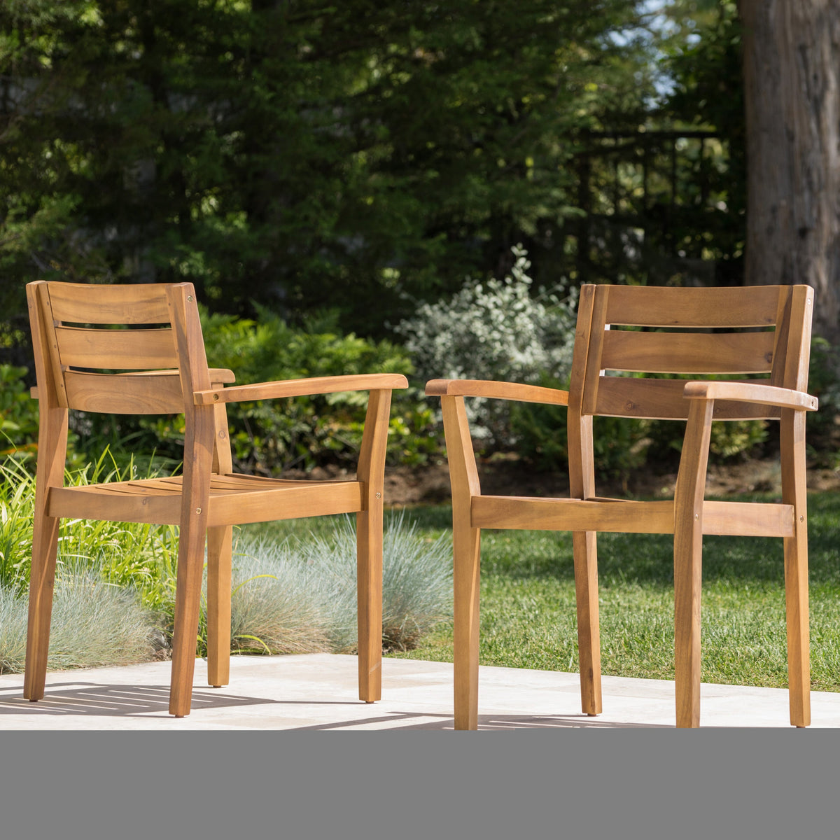 Stamford Dining Chairs Set of 2, Acacia Wood Patio Armchair - Teak Finish