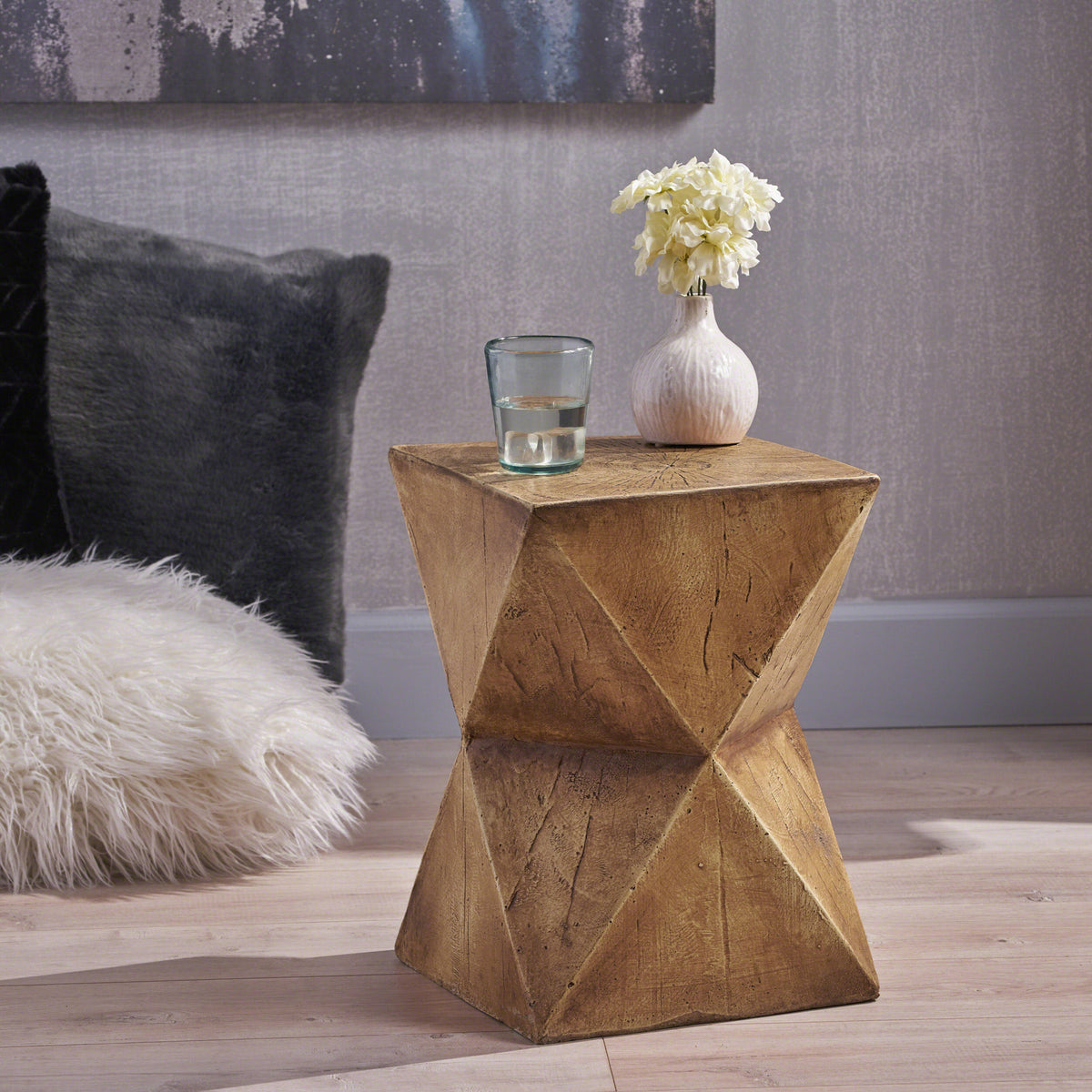 Waylon Side Table with Hourglass Design - Modern Concrete, 12.5" W x 17.75" H
