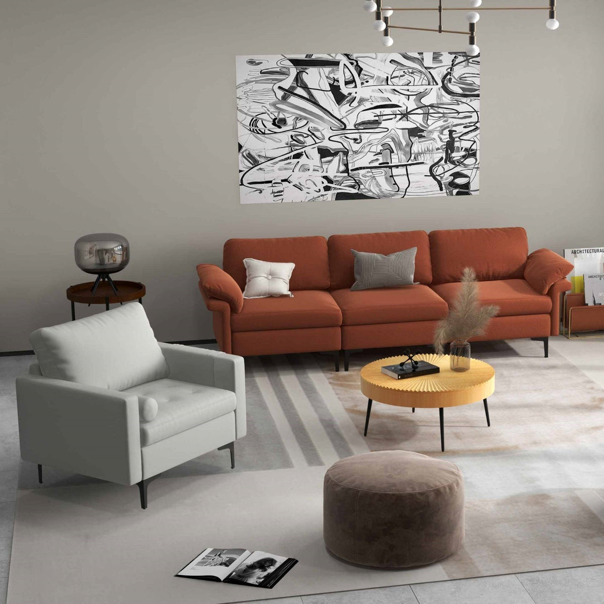 Living Room Set: Floor Lamp + Accent Chair + 3-Seat Sofa