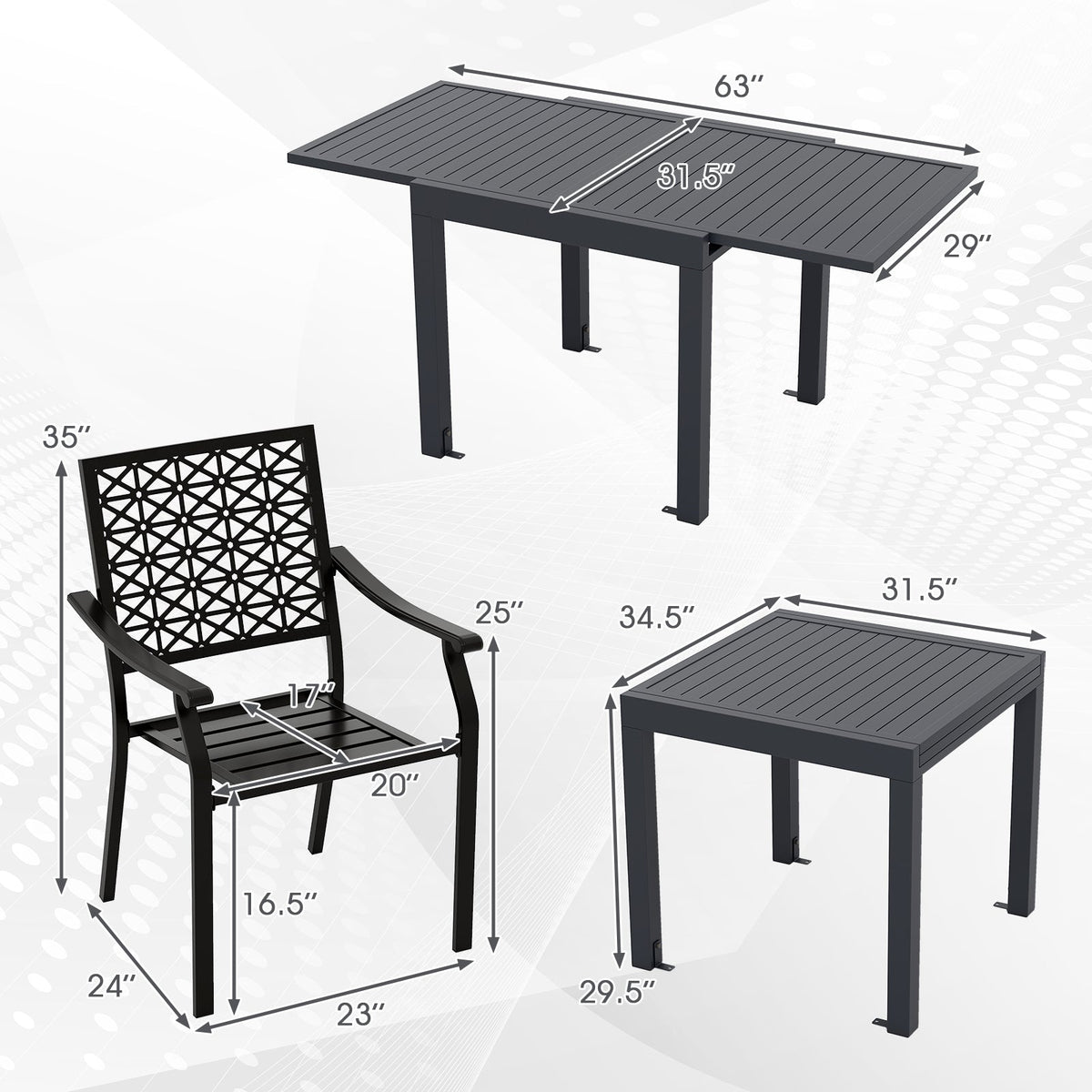 Patio Rectangular Aluminum Table and Stackable Armchairs Set with Slatted Tabletop and Seats