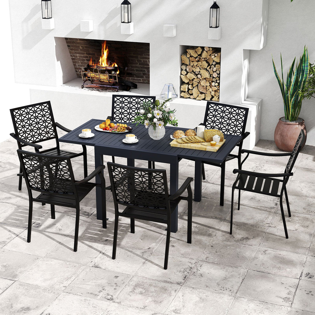Patio Rectangular Aluminum Table and Stackable Armchairs Set with Slatted Tabletop and Seats