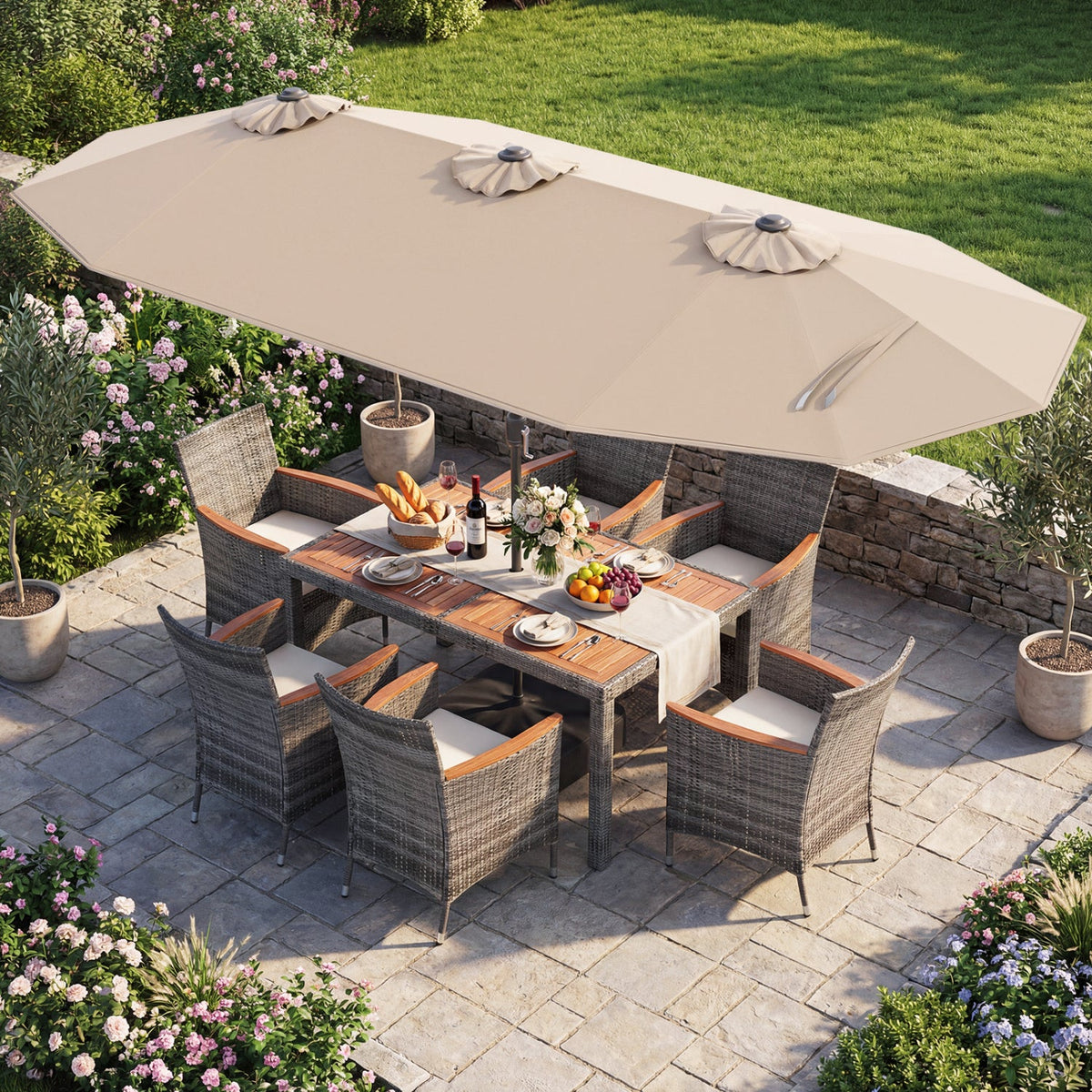 8-Piece Patio Dining Set with Double-Sided Market Umbrella