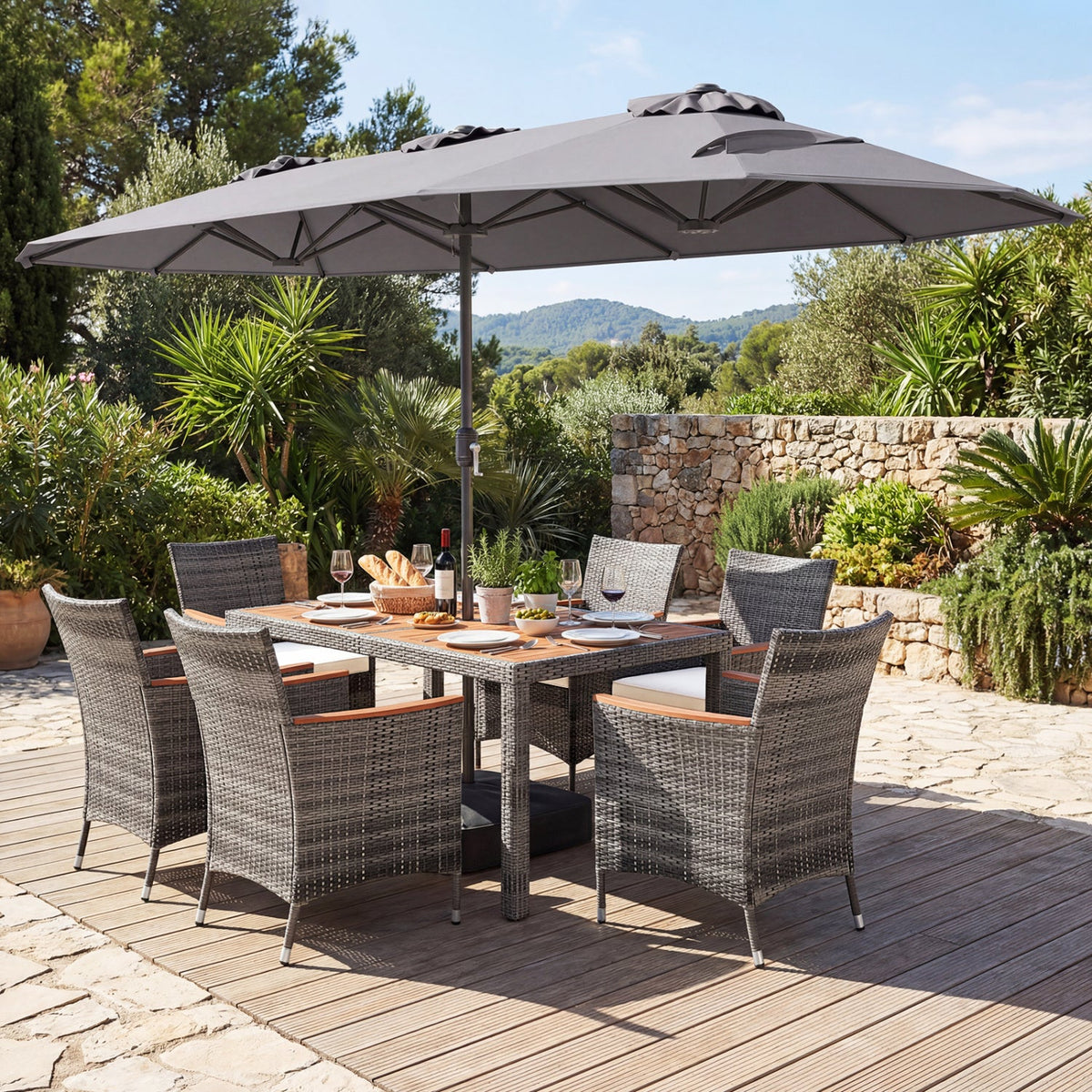 8-Piece Patio Dining Set with Double-Sided Market Umbrella
