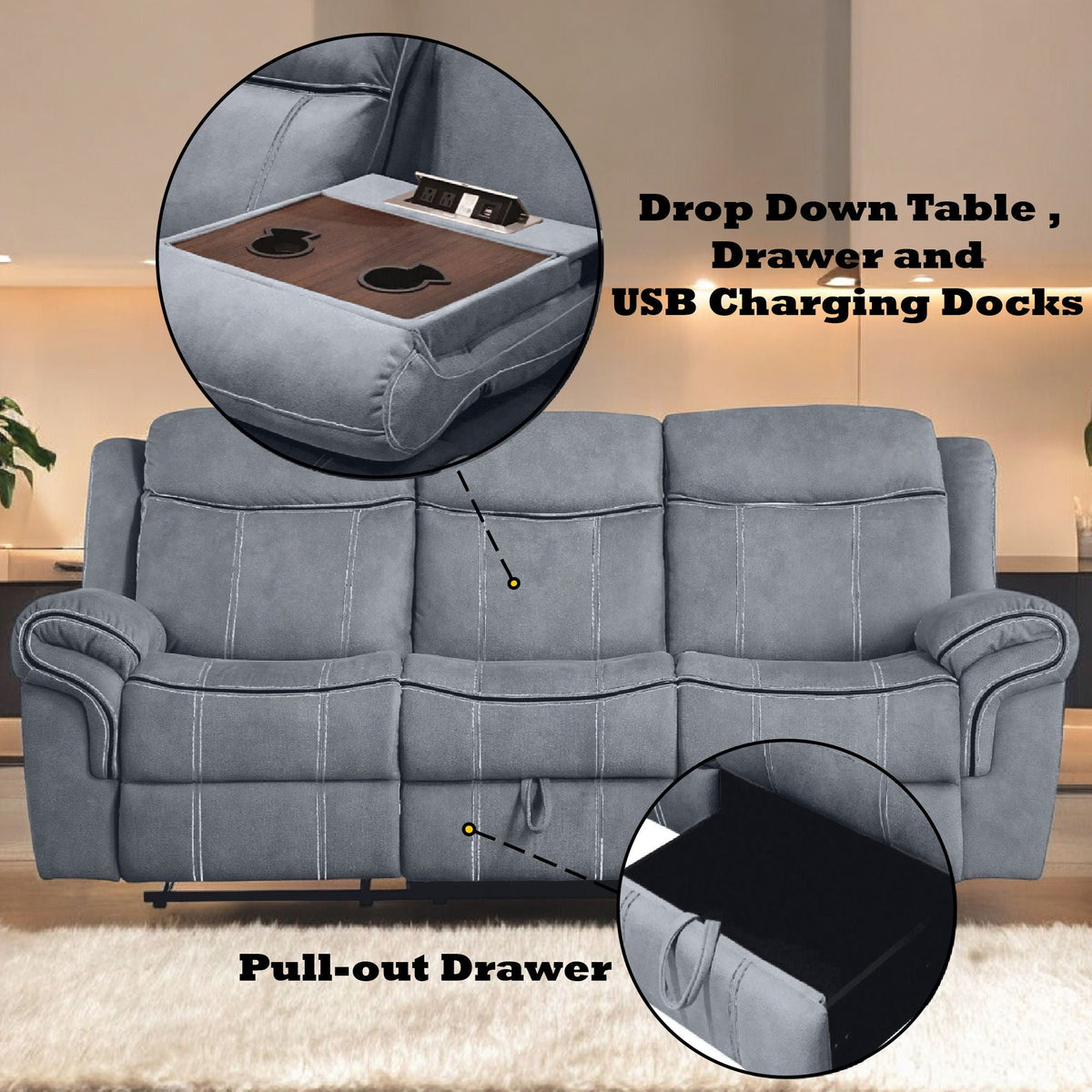 Two Tone Reclining Sofa with USB Ports and Drop Down Table - Dark Gray or Dark Brown
