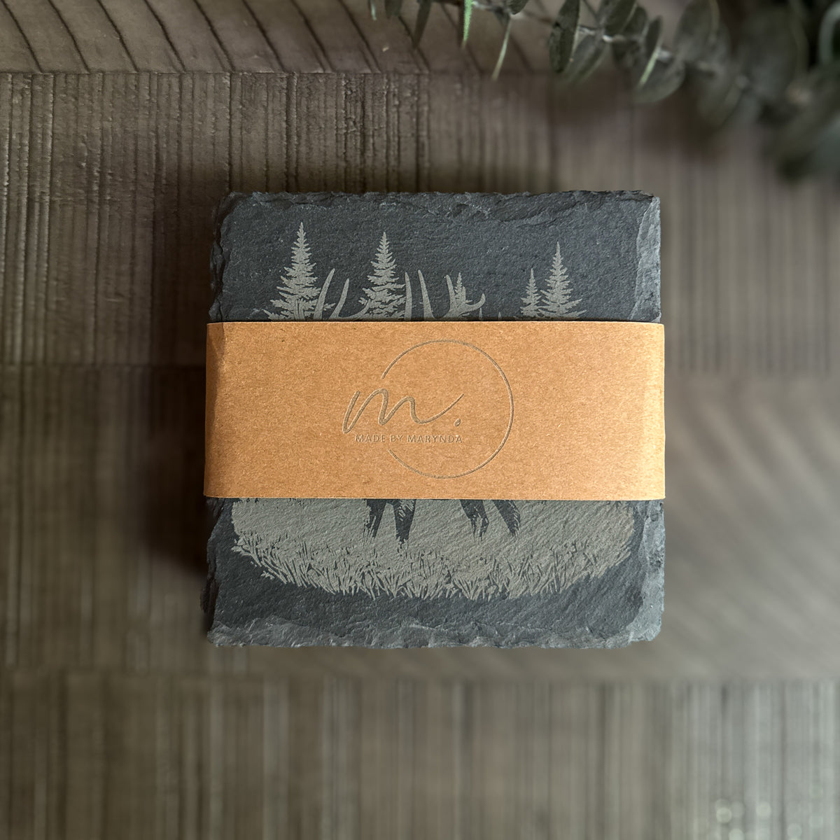 Rustic Slate Coaster Set – Wildlife Scene Engravings | Bear, Moose, Elk, Bison