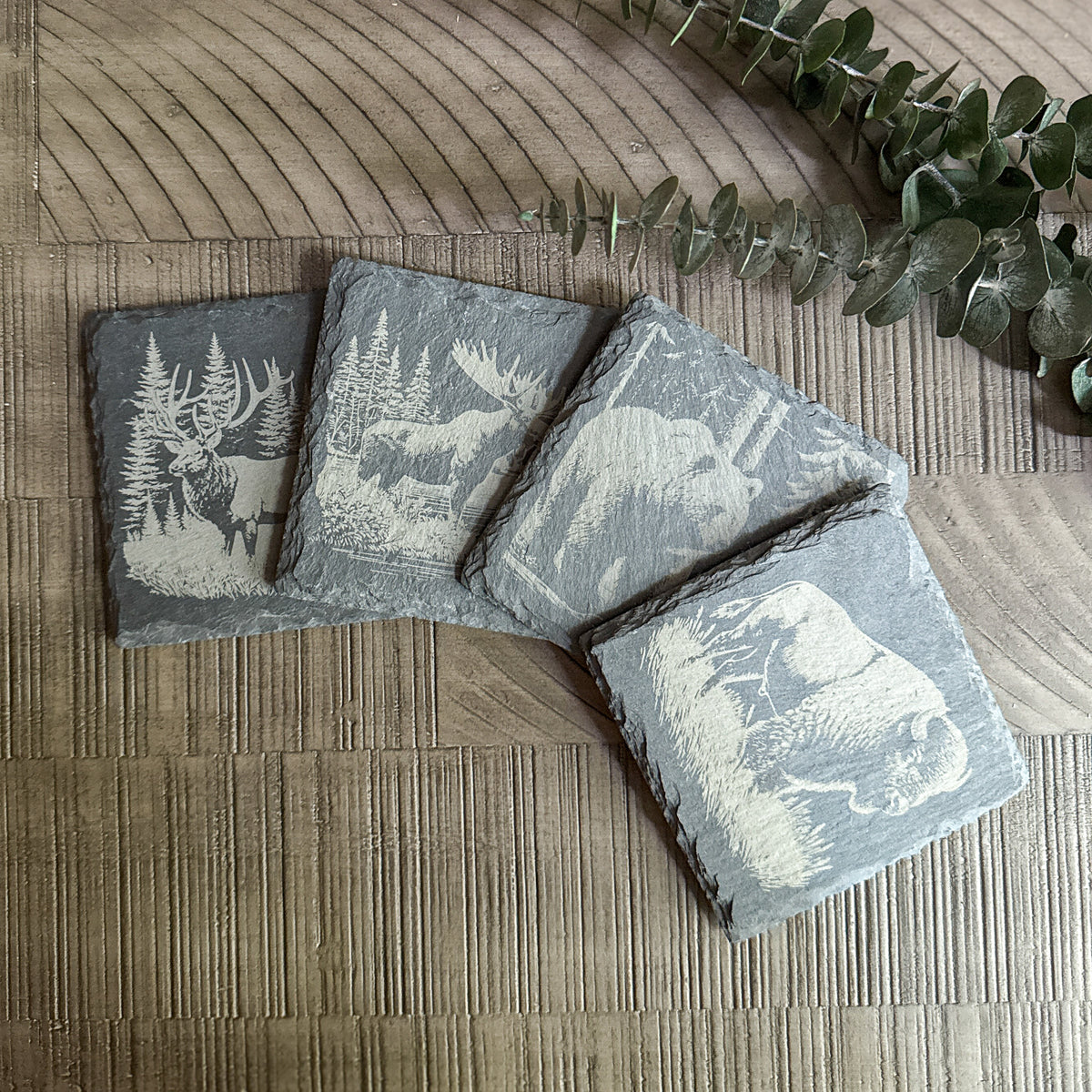 Rustic Slate Coaster Set – Wildlife Scene Engravings | Bear, Moose, Elk, Bison